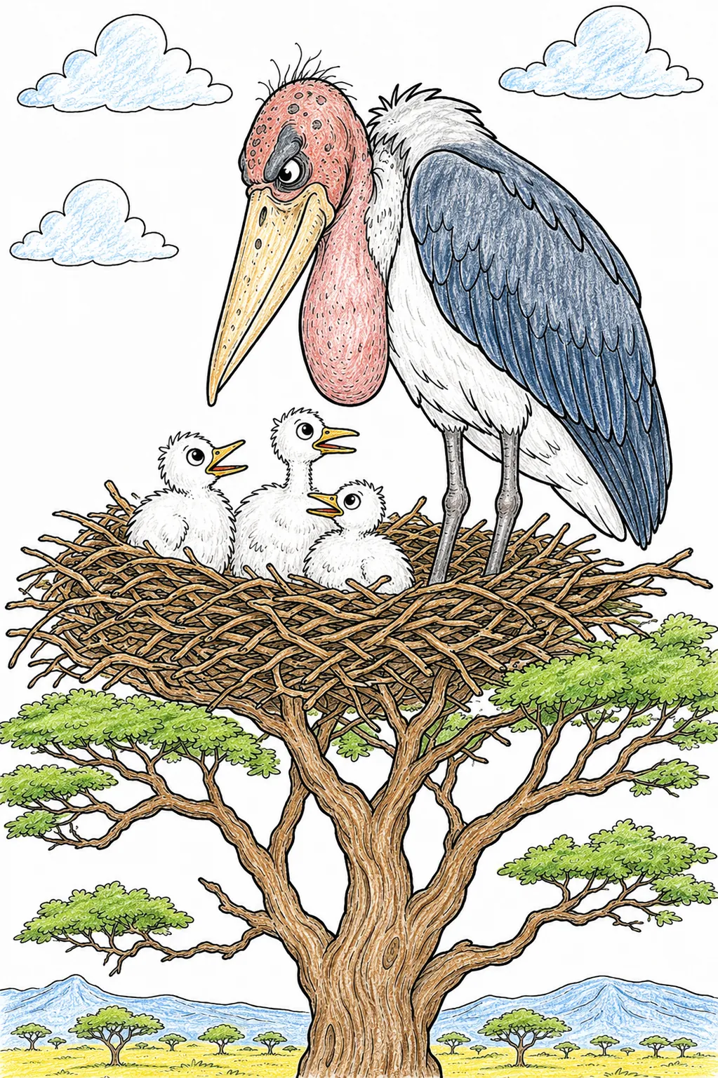 Marabu-Storch bewacht seine Jungen im Nest