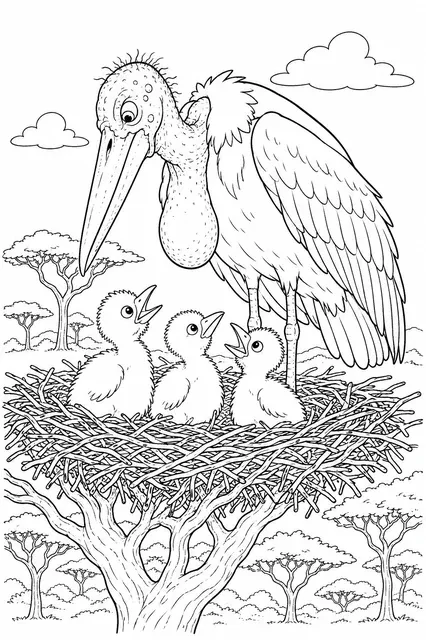 Marabu-Storch bewacht seine Jungen im Nest