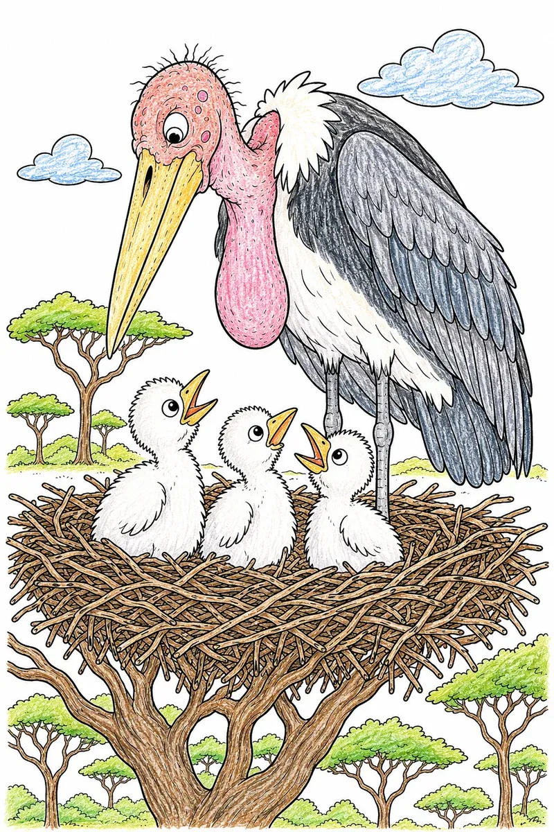 Marabu-Storch bewacht seine Jungen im Nest