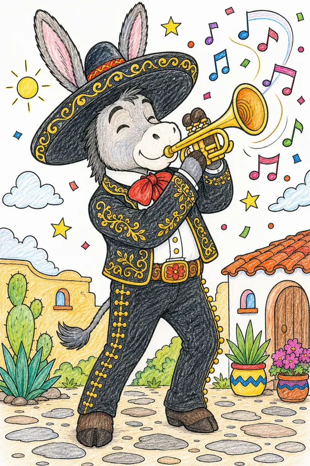Mariachi-Esel spielt fröhlich die Trompete – So könnte es aussehen