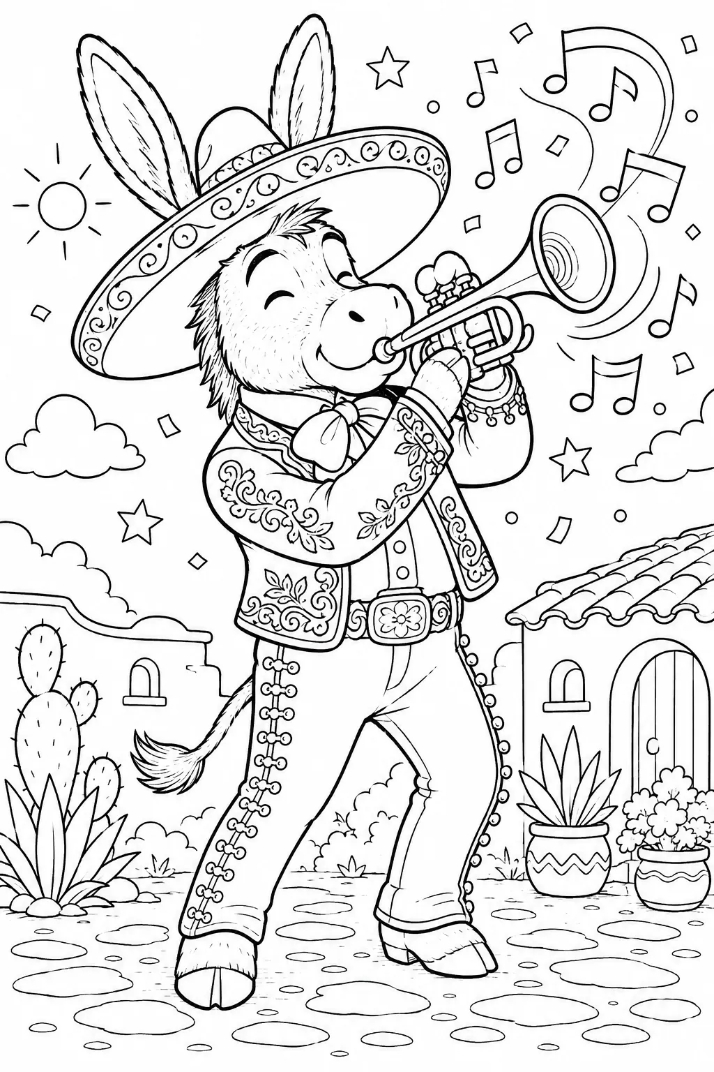 Ausmalbild: Esel in Mariachi-Anzug spielt begeistert goldene Trompete