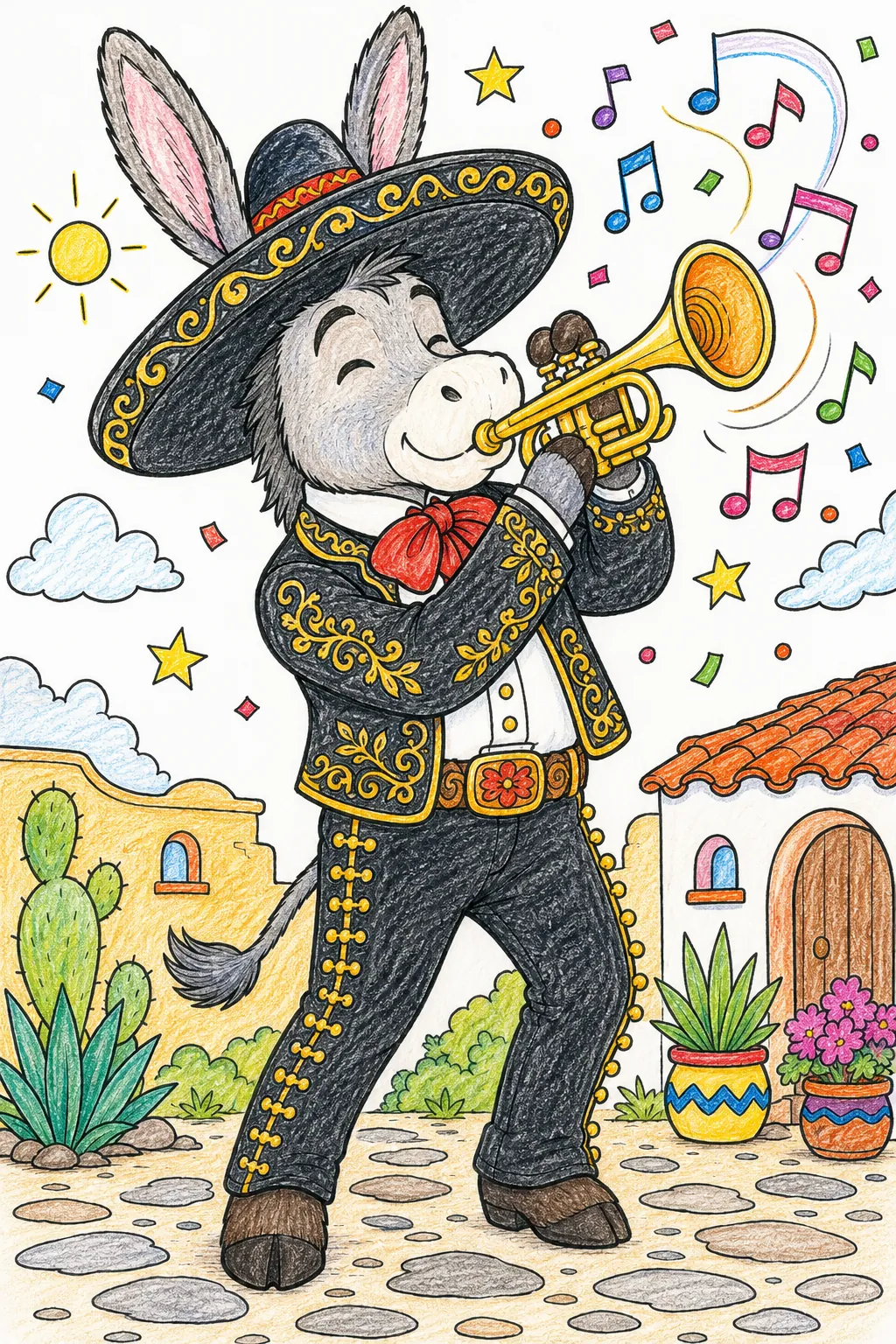 Mariachi-Esel spielt fröhlich die Trompete