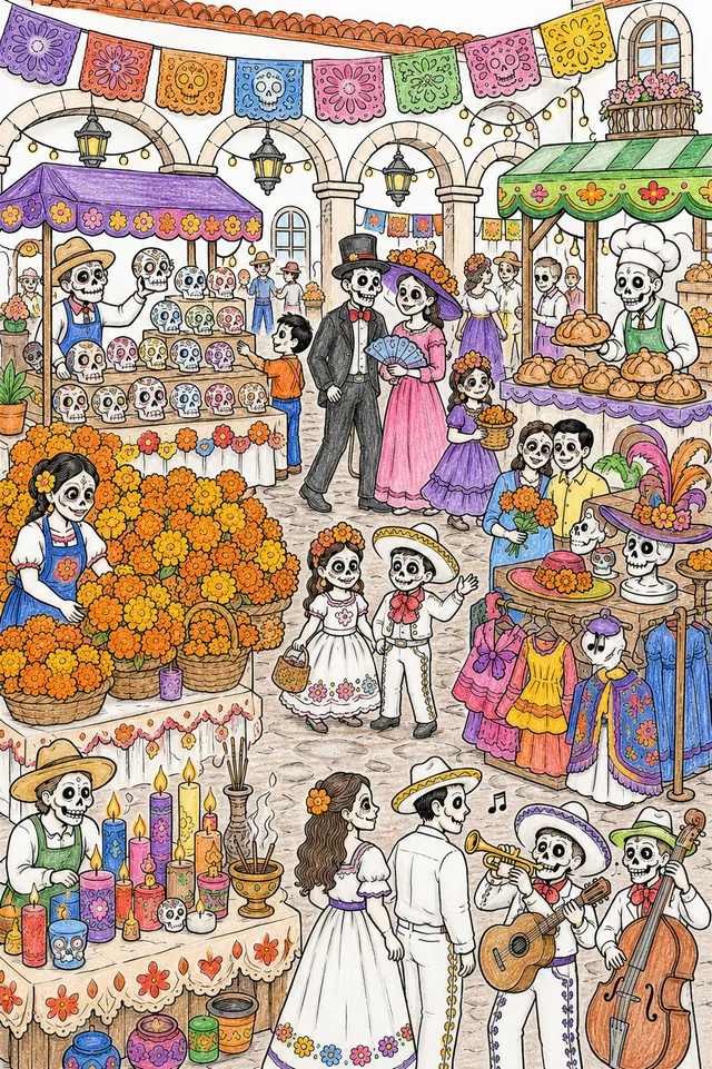Markt-Wimmelbild beim Día de los Muertos – So könnte es aussehen