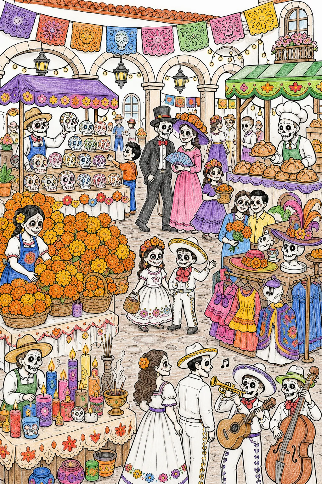Markt-Wimmelbild beim Día de los Muertos