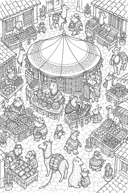 Andes Village Market in Bird's-Eye View with Llamas