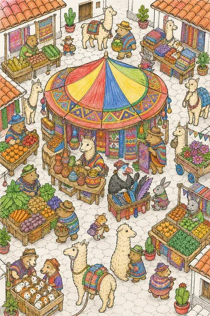 Andendorf-Markt aus der Vogelperspektive mit Lamas – So könnte es aussehen