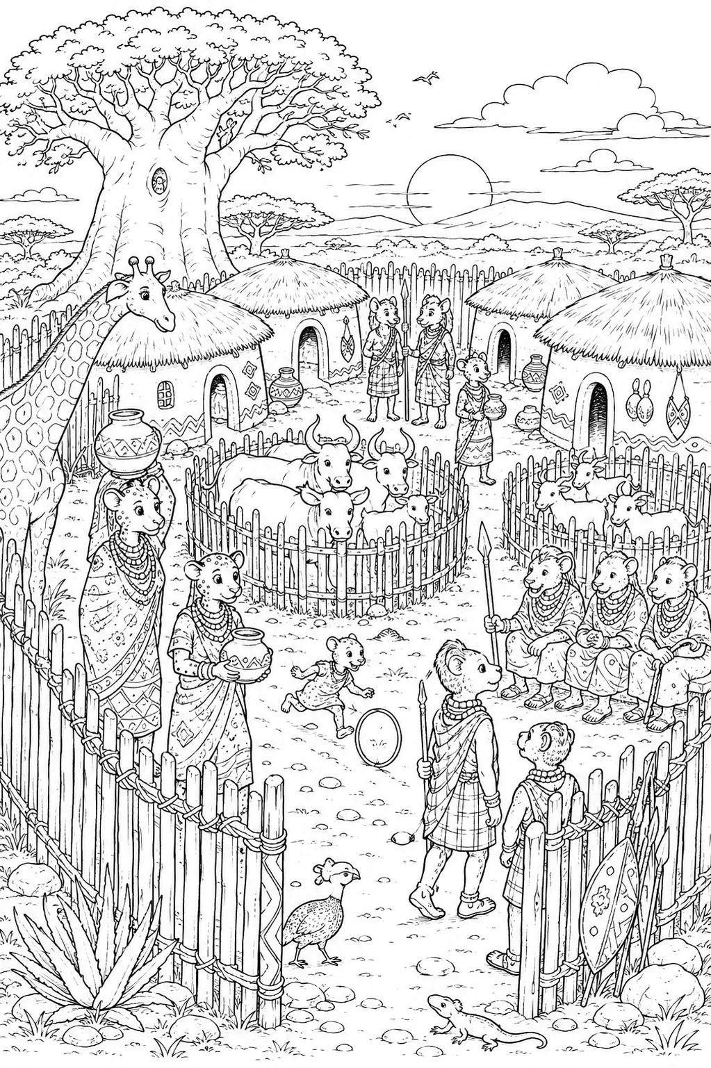 Ausmalbild: Massai-Boma Wimmelbild mit Rinderherde, Kriegern und Frauen mit Perlenschmuck