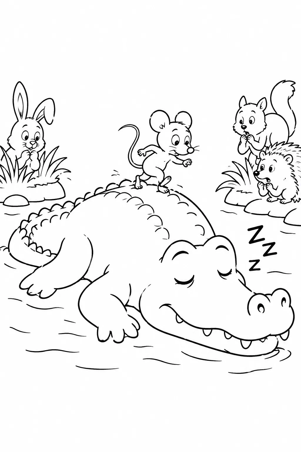 Ausmalbild: Winzige Maus balanciert vorsichtig auf dem Rücken des schnarchenden Krokodils um den Fluss zu überqueren