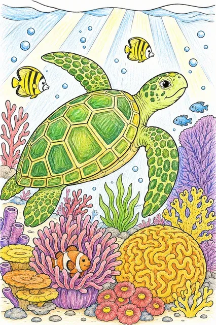 涂色页：大绿色海龟优雅地在彩色珊瑚礁中滑行