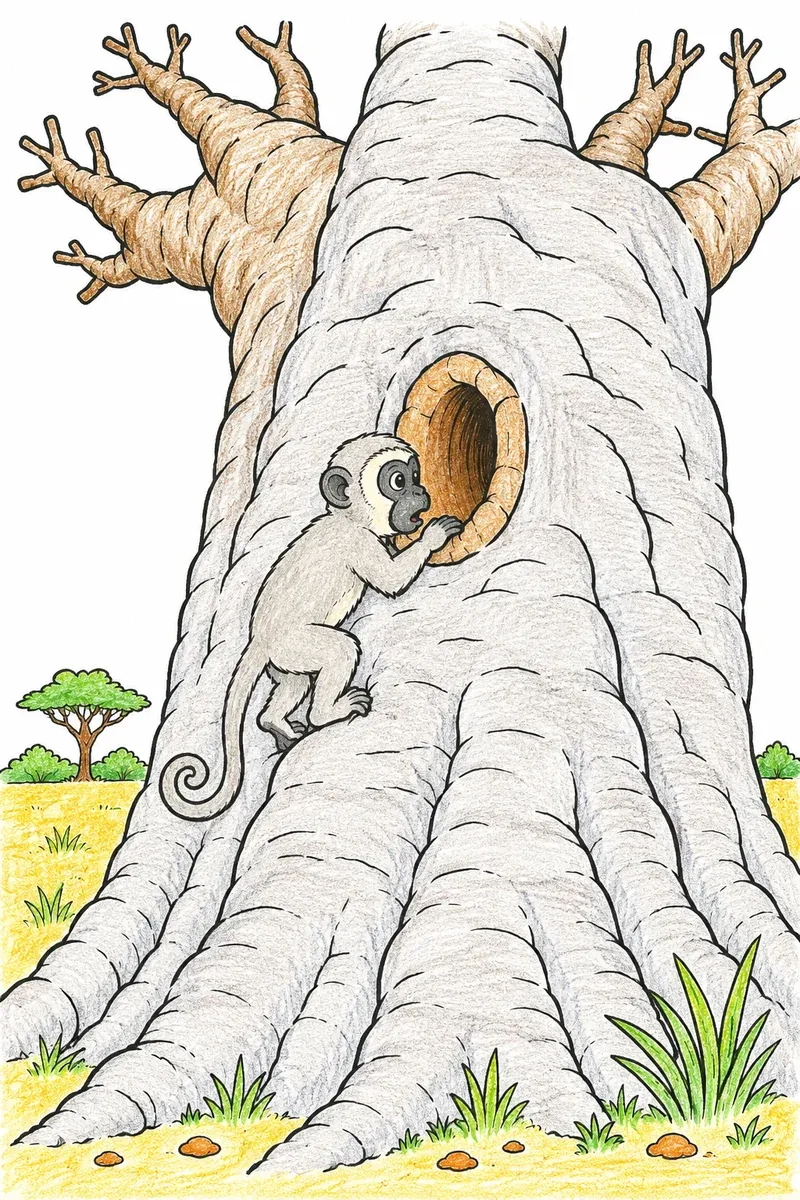 Little Vervet Monkey Climbing a Giant Baobab Tree