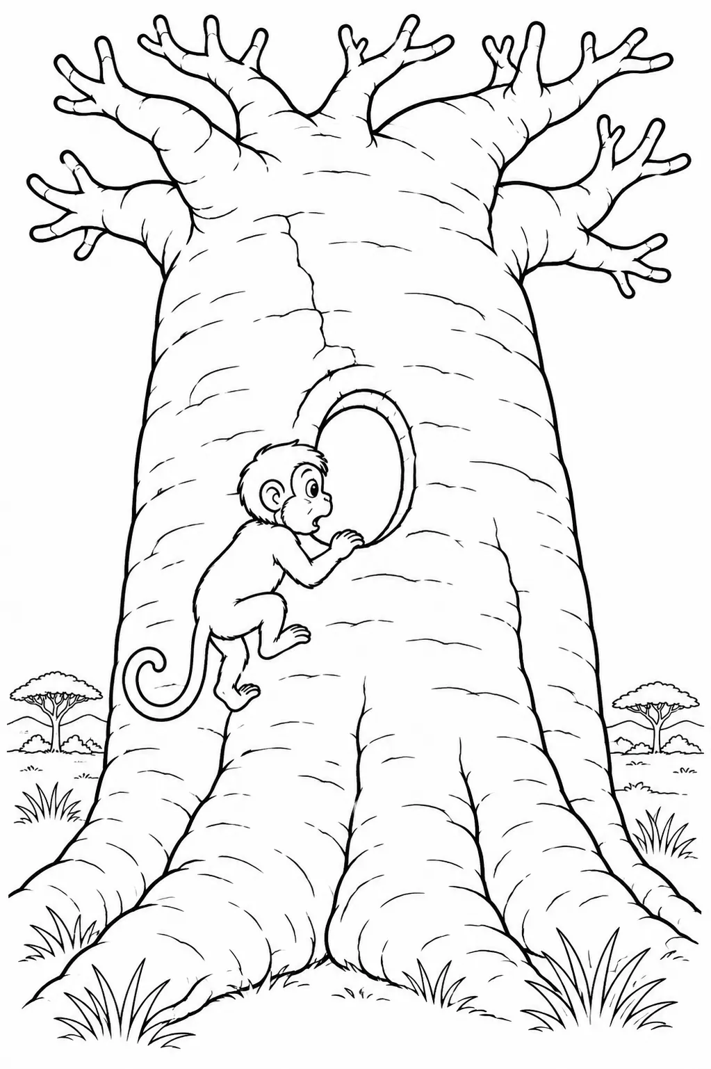 Colorear: pequeño mono cercopiteco mirando curioso hacia el hueco de un enorme baobab