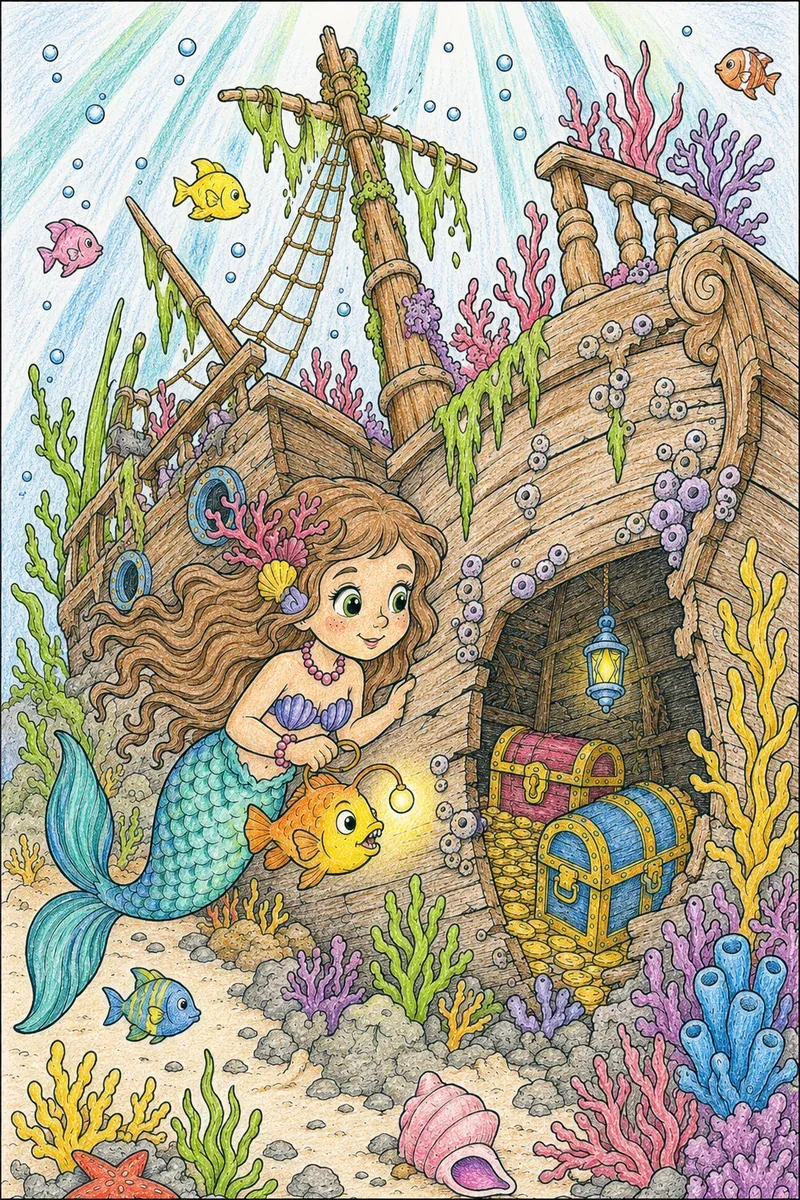 Meerjungfrauen-Kind findet ein versunkenes Schiff