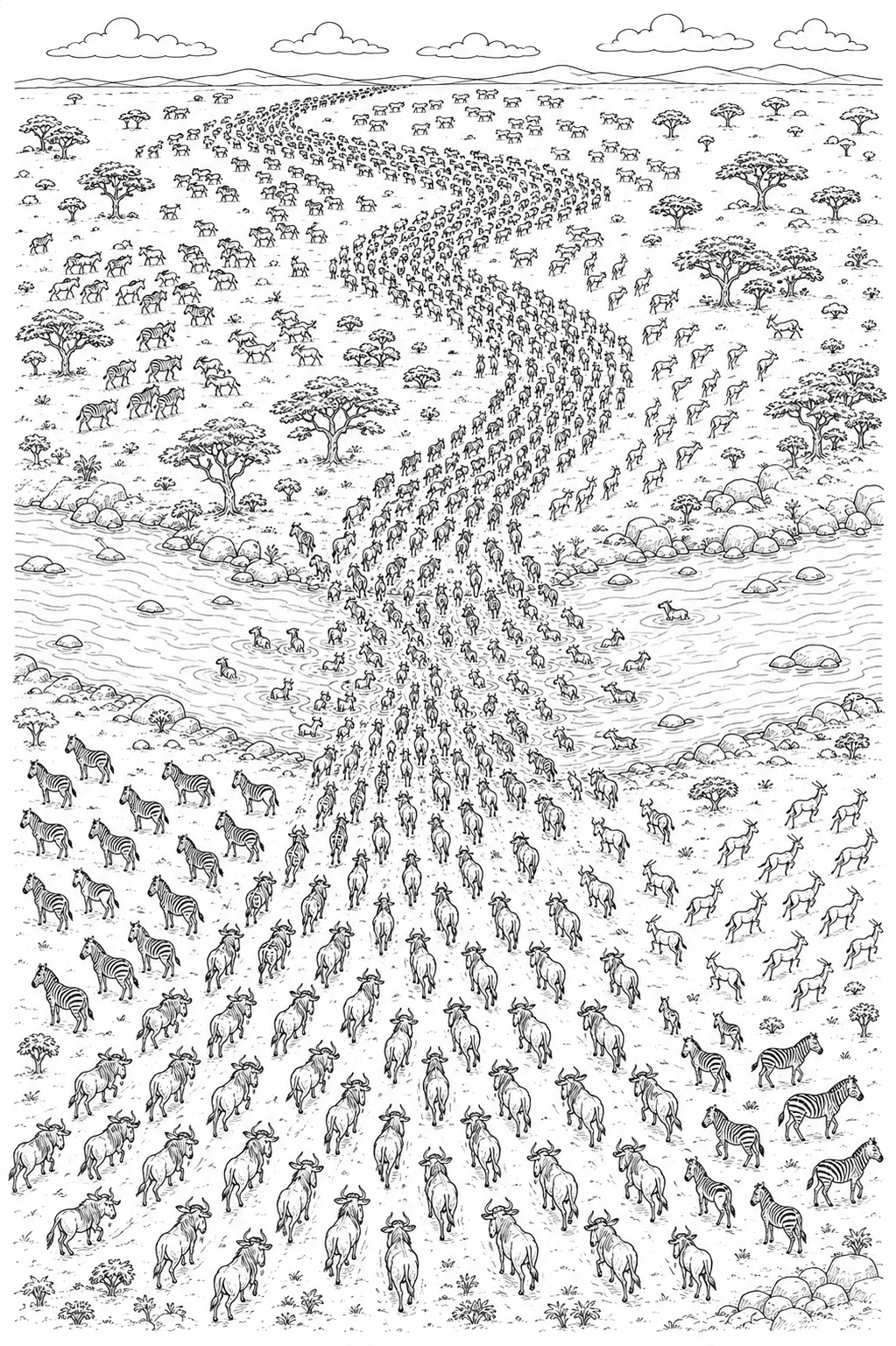 涂色页：东非鸟瞰图，有大迁徙的几何动物编队