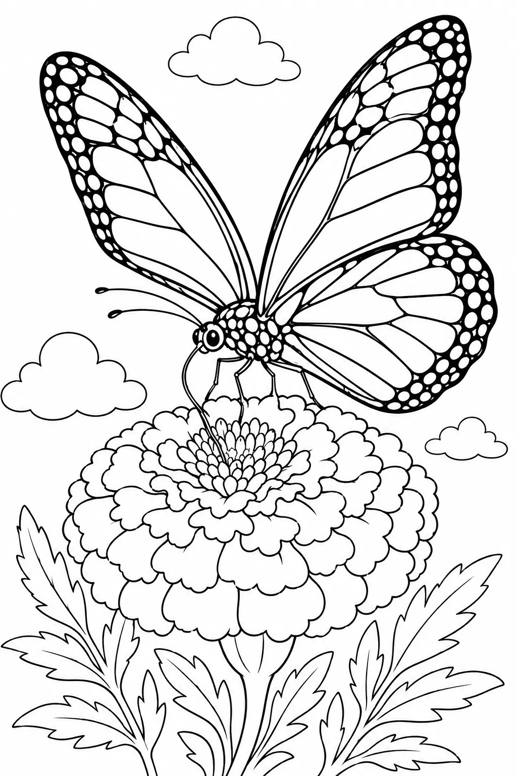 Ausmalbild: Detaillierter Monarchfalter schwebt an Ringelblume und saugt Nektar
