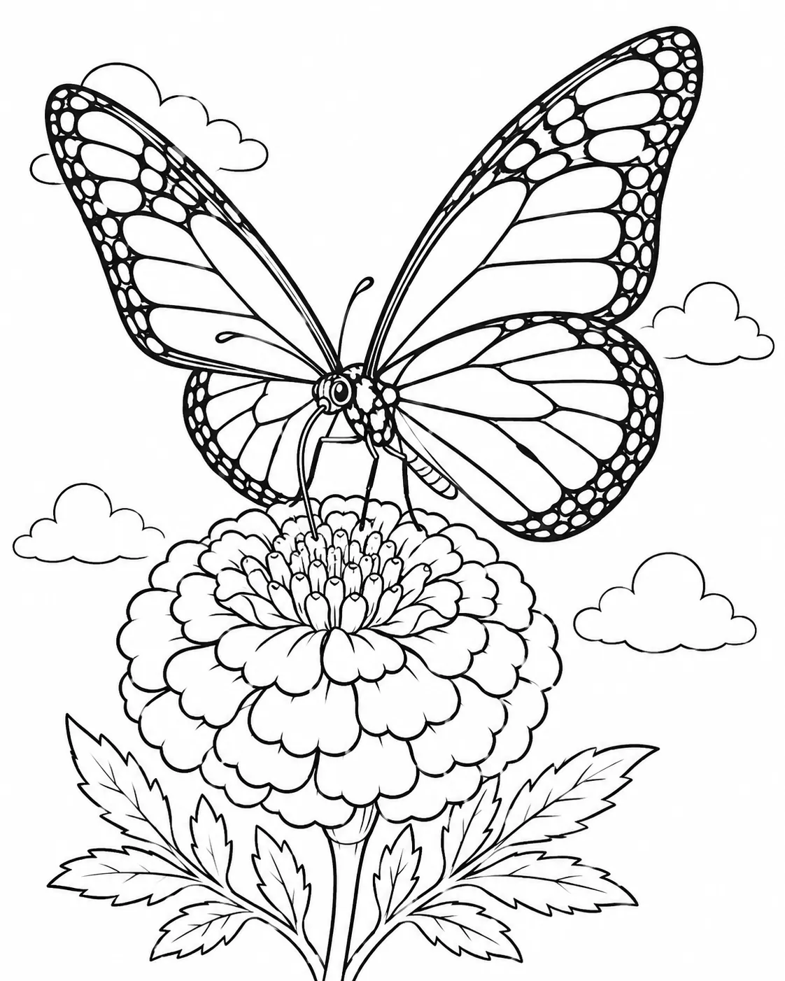涂色页：细致的帝王蝶悬停在金盏花上采集花蜜