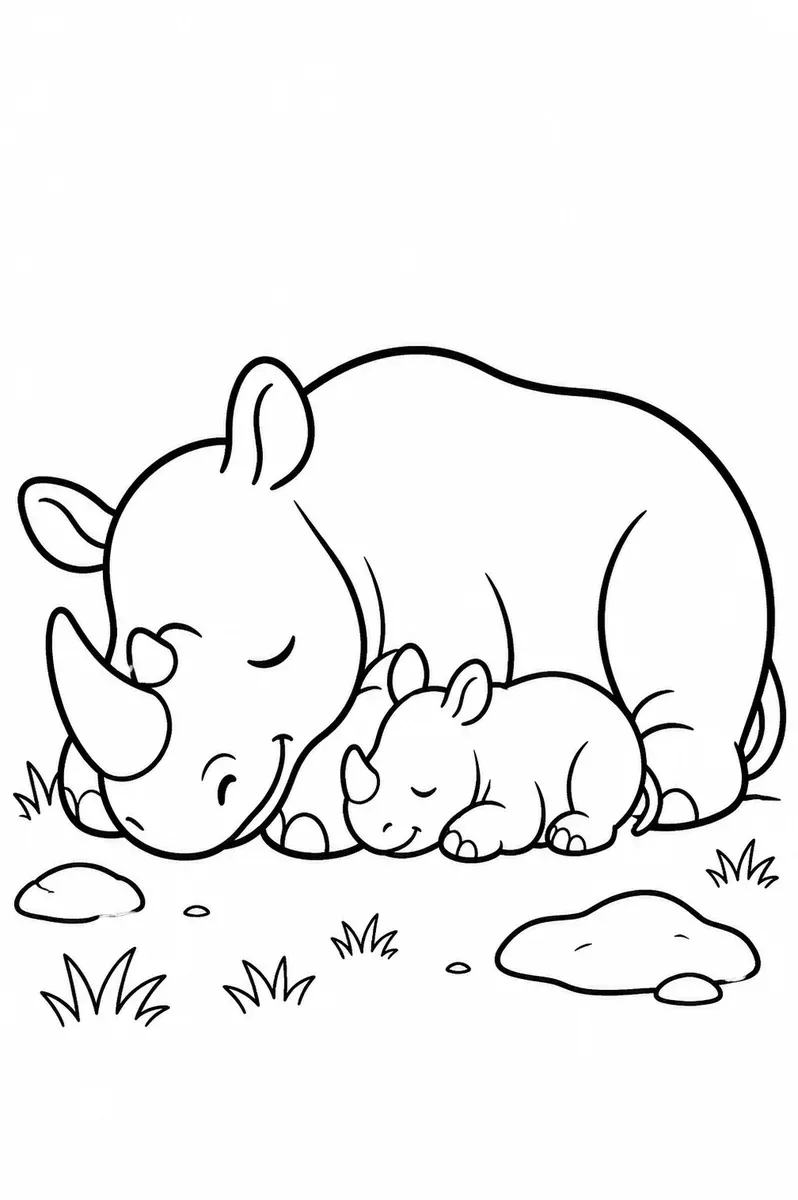 Ausmalbild: Kleines Nashorn-Kalb schläft eng an die Mutter gedrückt