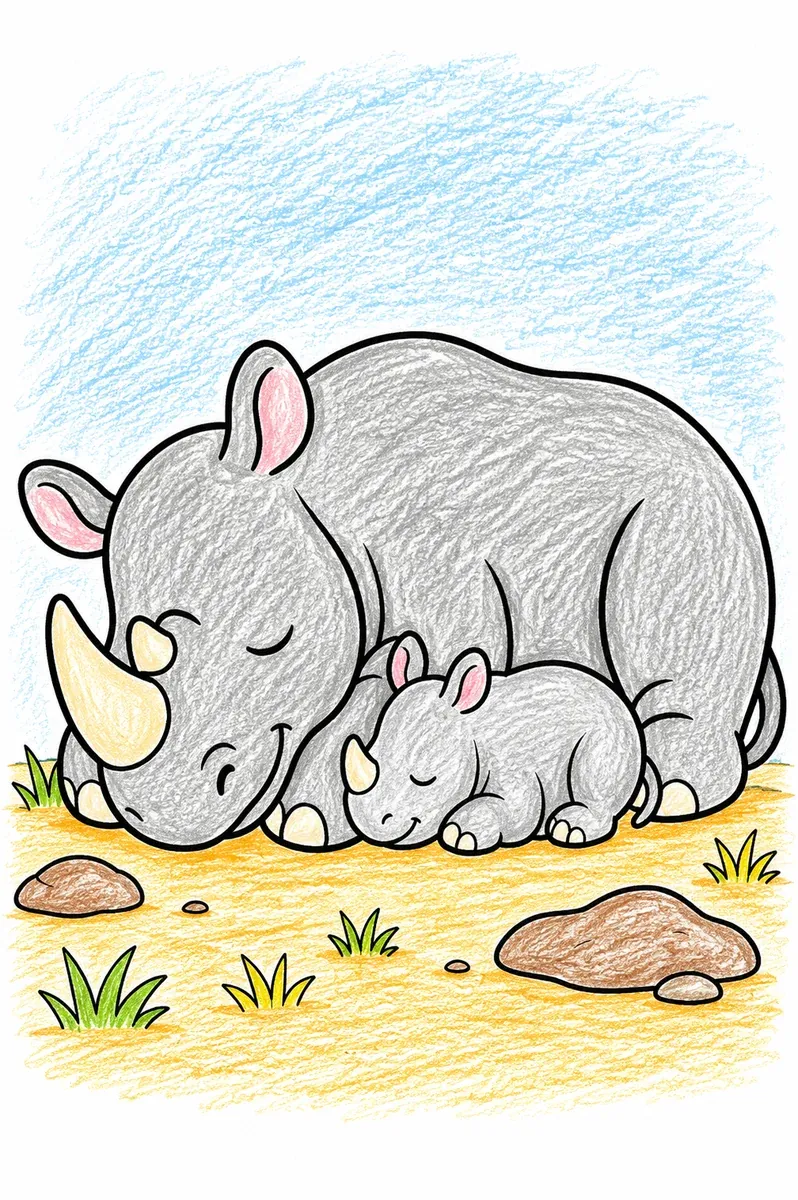 Kleines Nashorn schläft selig neben Mama