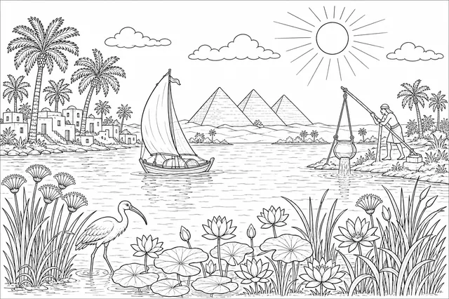 尼罗河全景，远处是金字塔