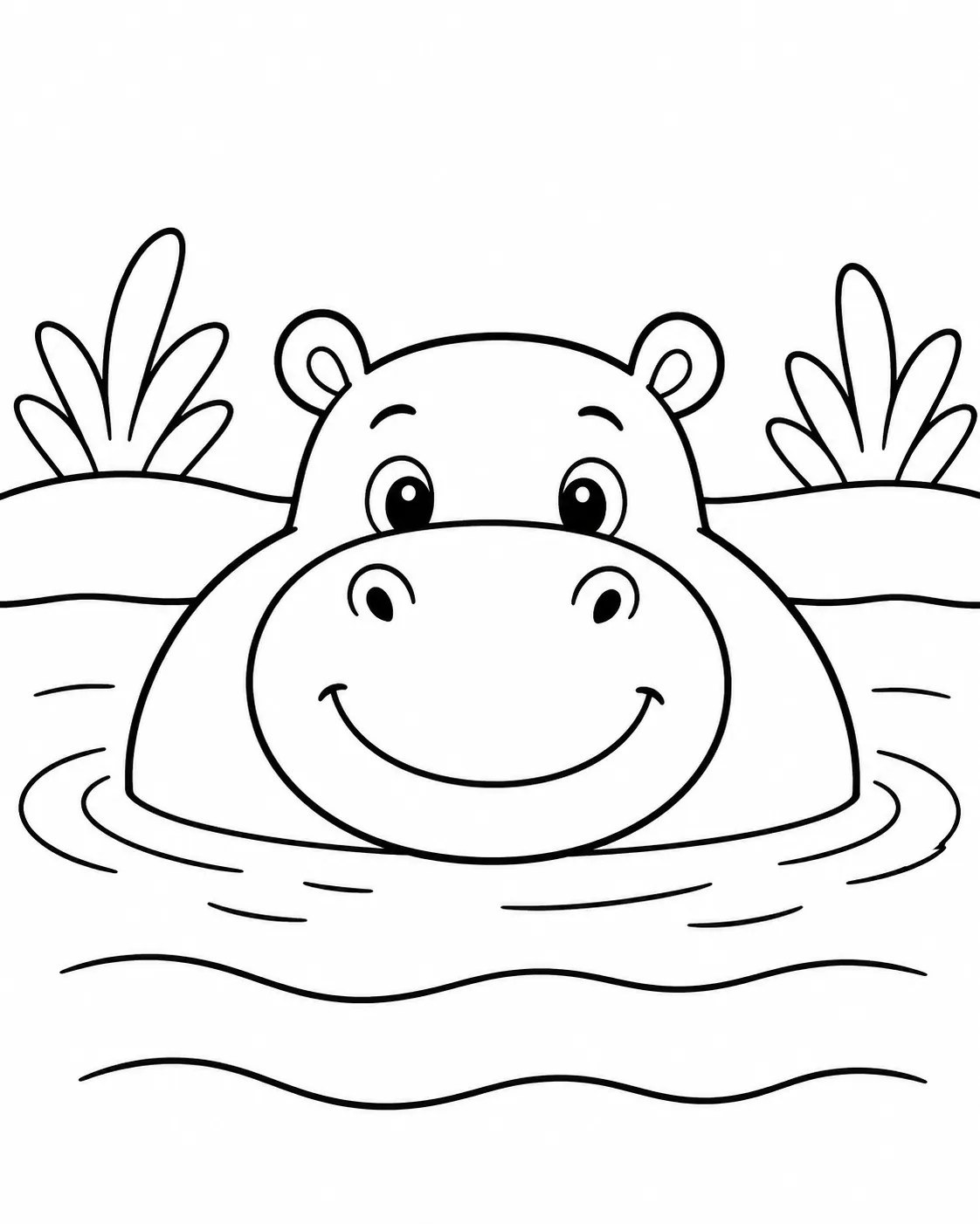 Ausmalbild: Rundes Nilpferd badet fröhlich im Fluss