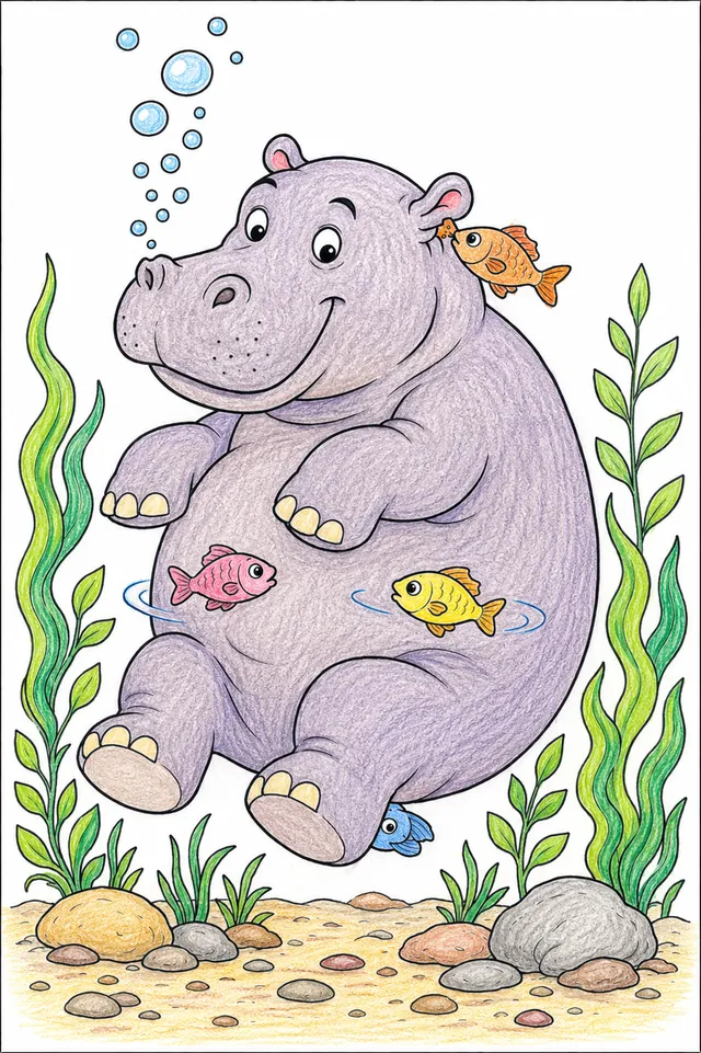 Ausmalbild: Rundes Nilpferd schwebt unter Wasser von Fischen umgeben