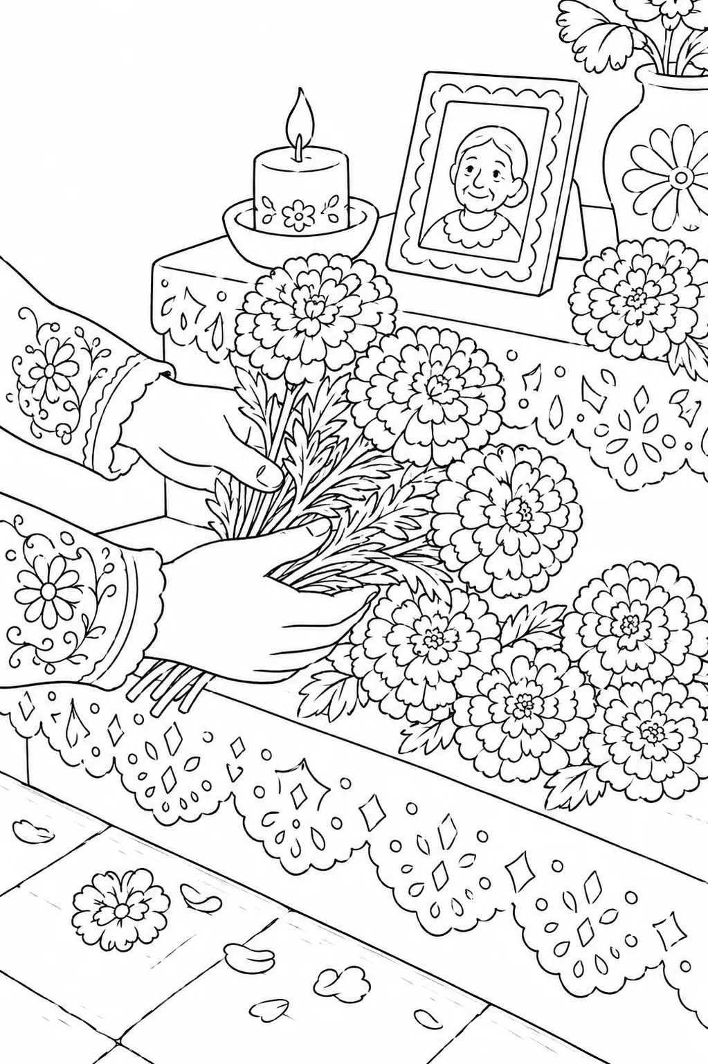 Ausmalbild: Hände legen Ringelblumen auf Ofrenda-Altarstufe