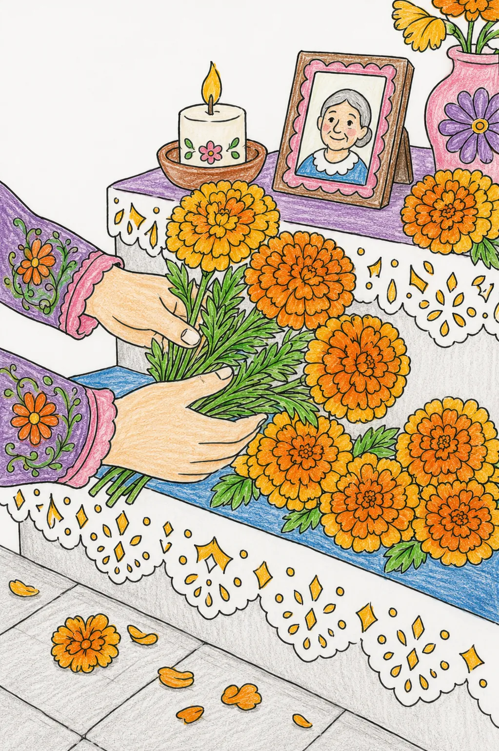 Ofrenda-Blumen werden liebevoll arrangiert