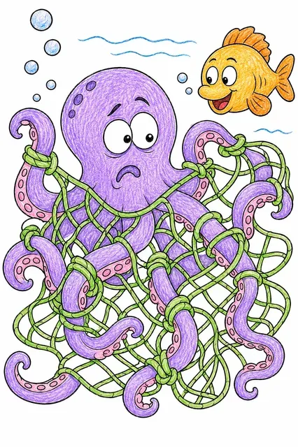 Ausmalbild: Verwirrter Oktopus verknüpft in seinem Fischernetz mit schielendem Blick