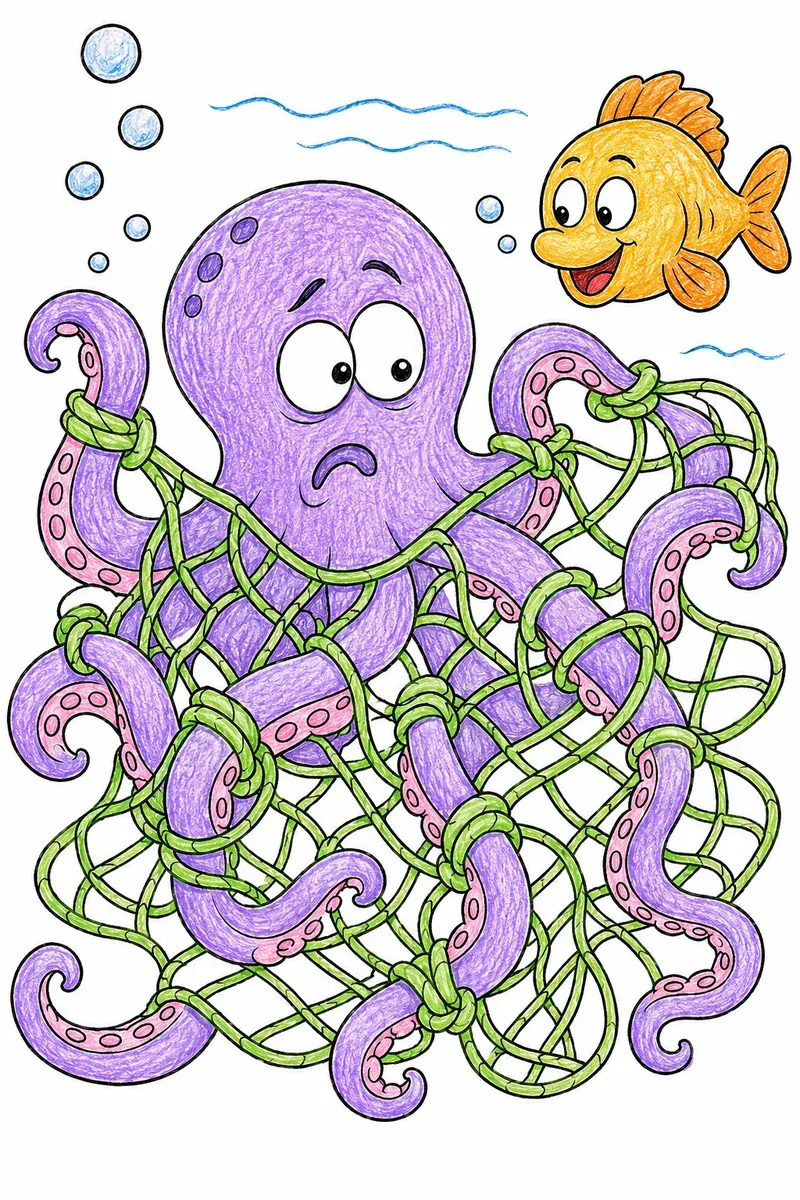 Oktopus verknüpft sein Netz beim Angeln