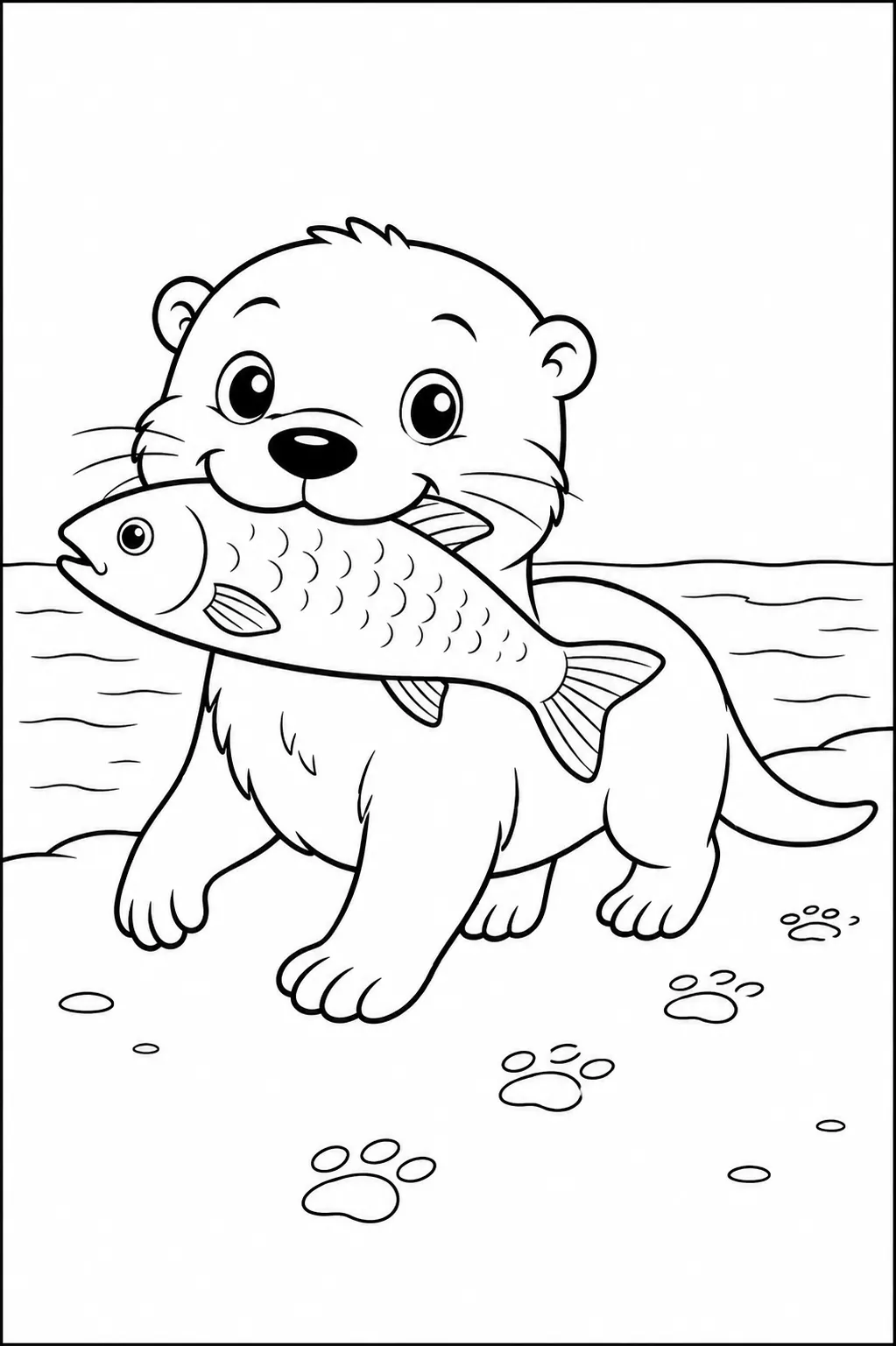 Ausmalbild: Kleiner Otter läuft mit großem Fisch im Mund