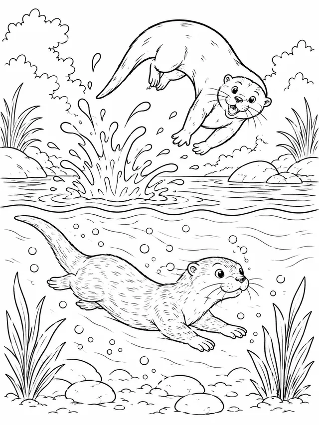 Zwei Otter spielen Wasserfangen im Fluss
