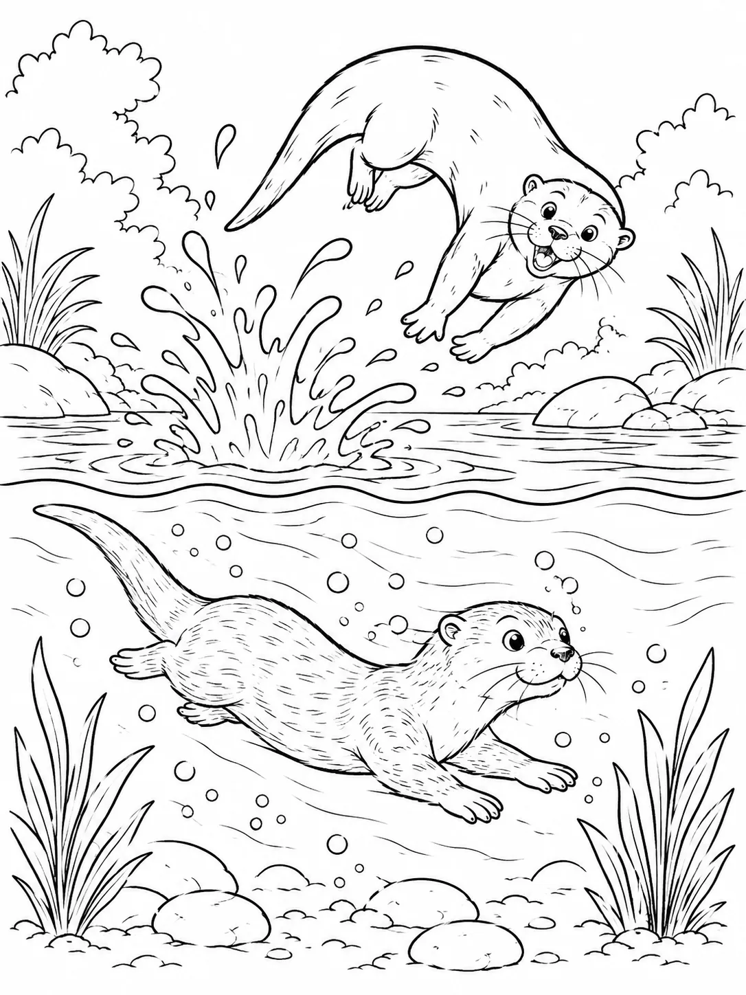 Ausmalbild: Zwei Otter spielen wild im Fluss, einer springt aus dem Wasser