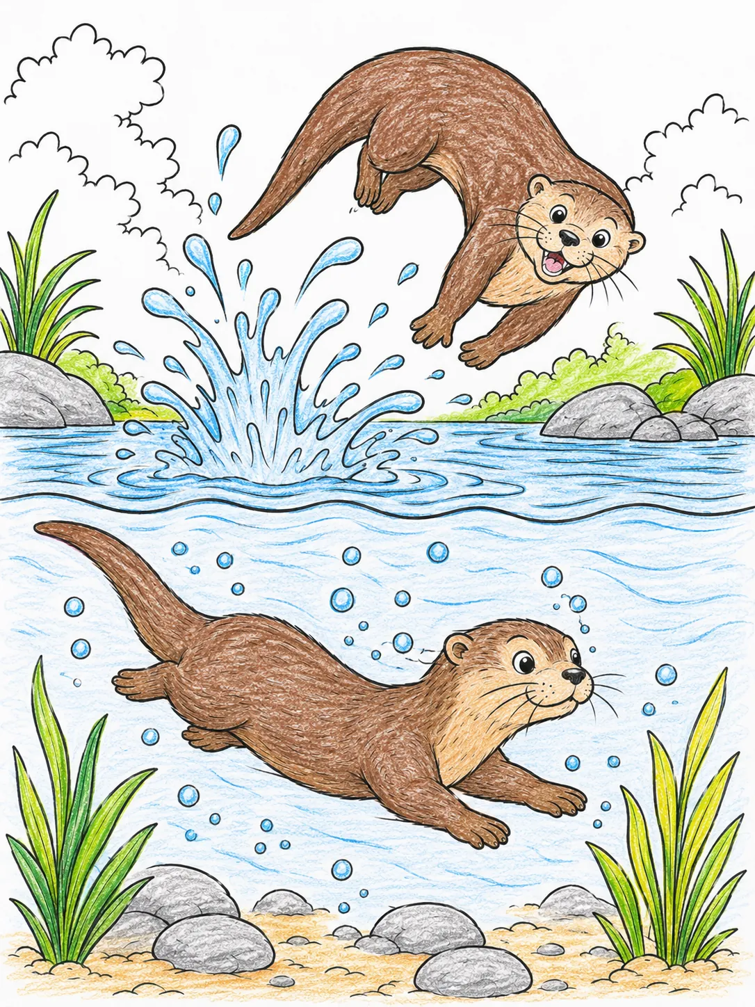 Zwei Otter spielen Wasserfangen im Fluss