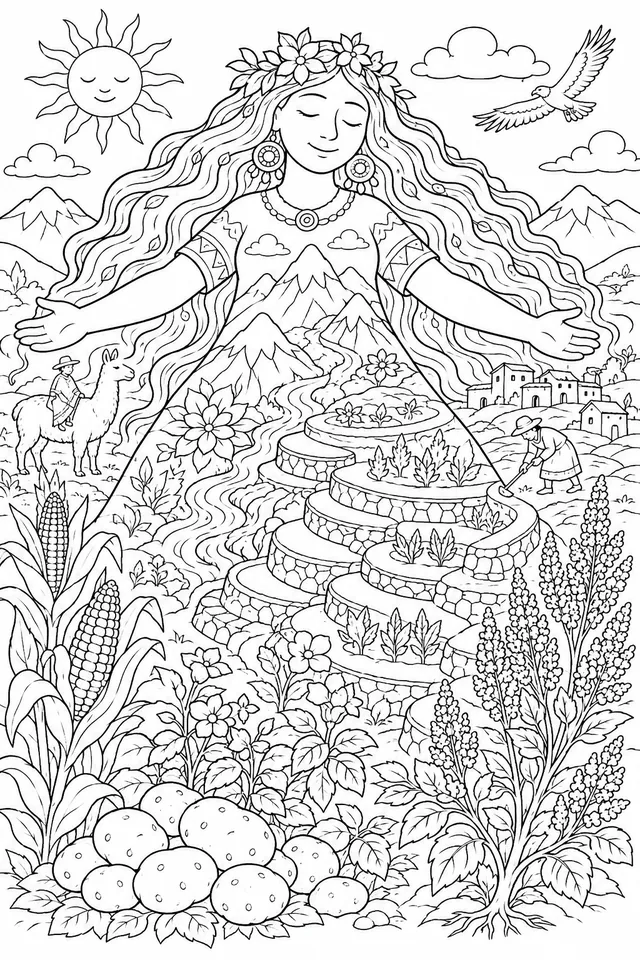 Pachamama-Göttin schützt die Felder mit ihren Armen