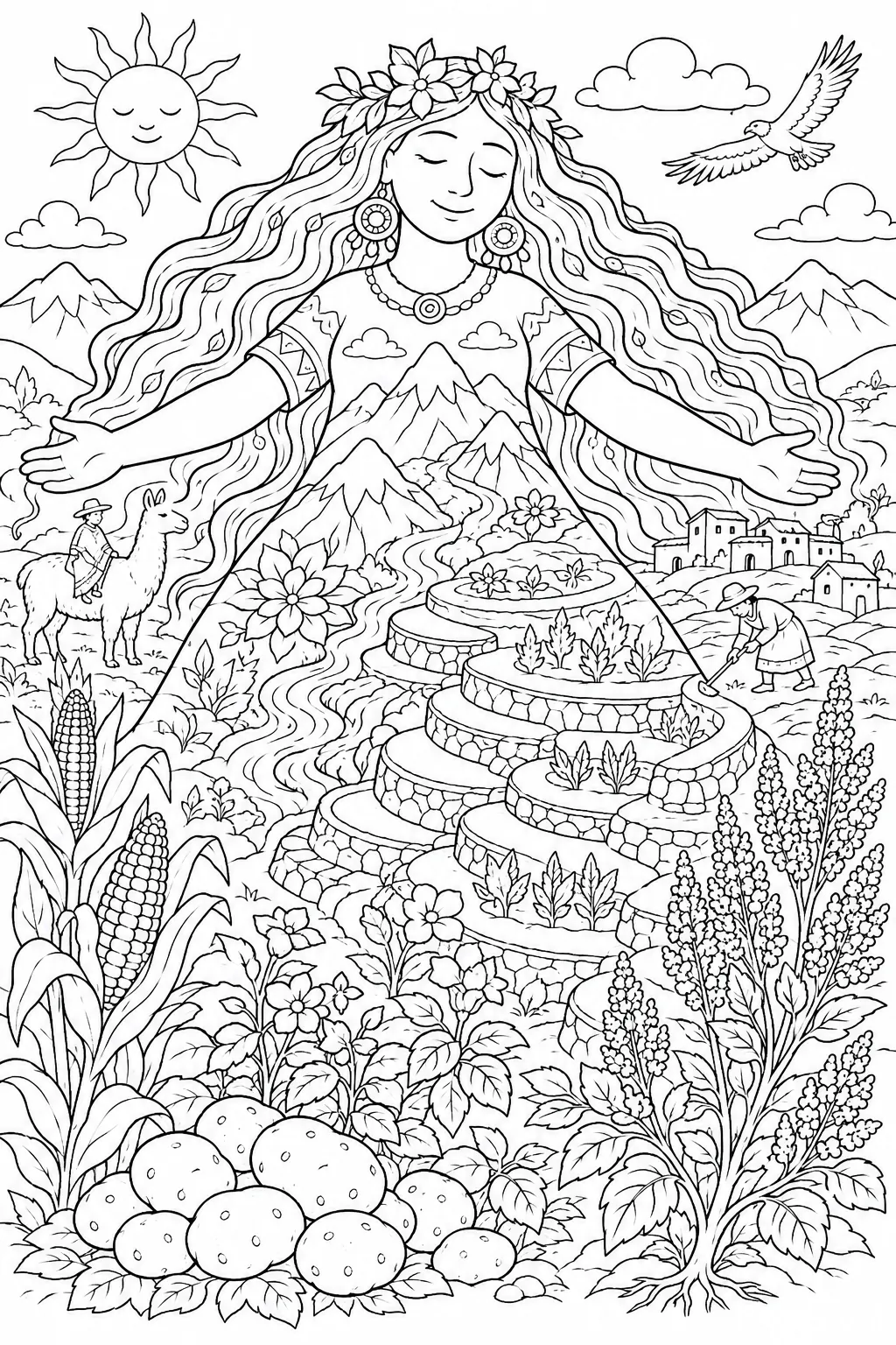 Ausmalbild: Pachamama als große Erd-Göttin umarmt Andenterrassen