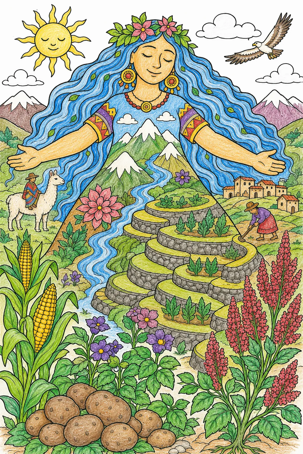 Pachamama-Göttin schützt die Felder mit ihren Armen