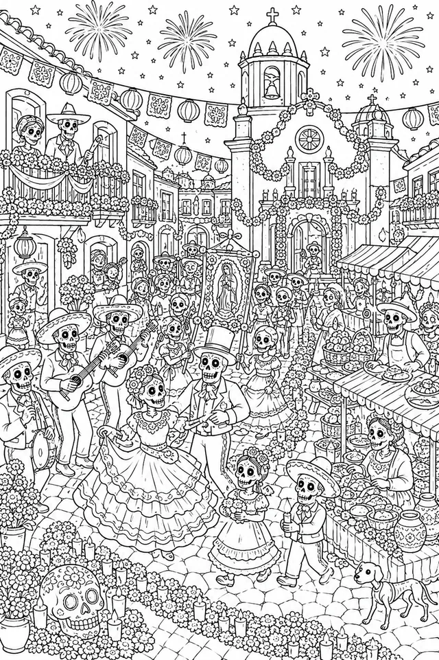Mexikanische Stadt-Panorama beim Día de los Muertos