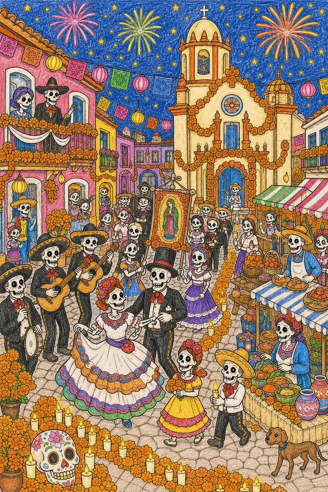 Ausmalbild: Mexikanische Kolonialstadt mit Festzug beim Día de los Muertos