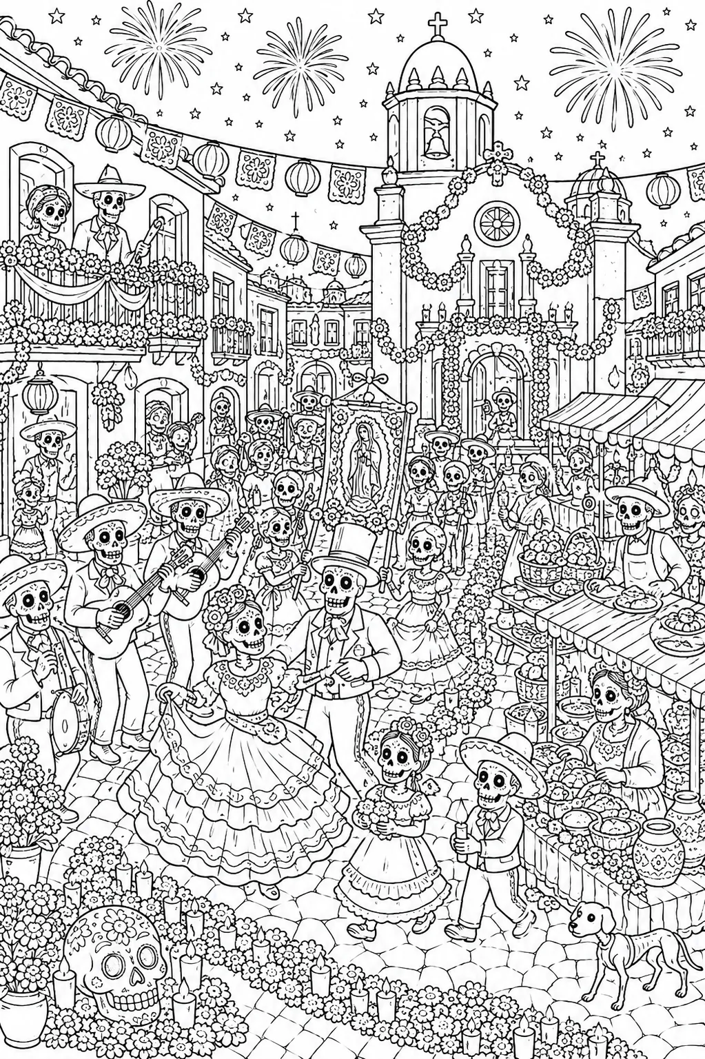 Ausmalbild: Mexikanische Kolonialstadt mit Festzug beim Día de los Muertos