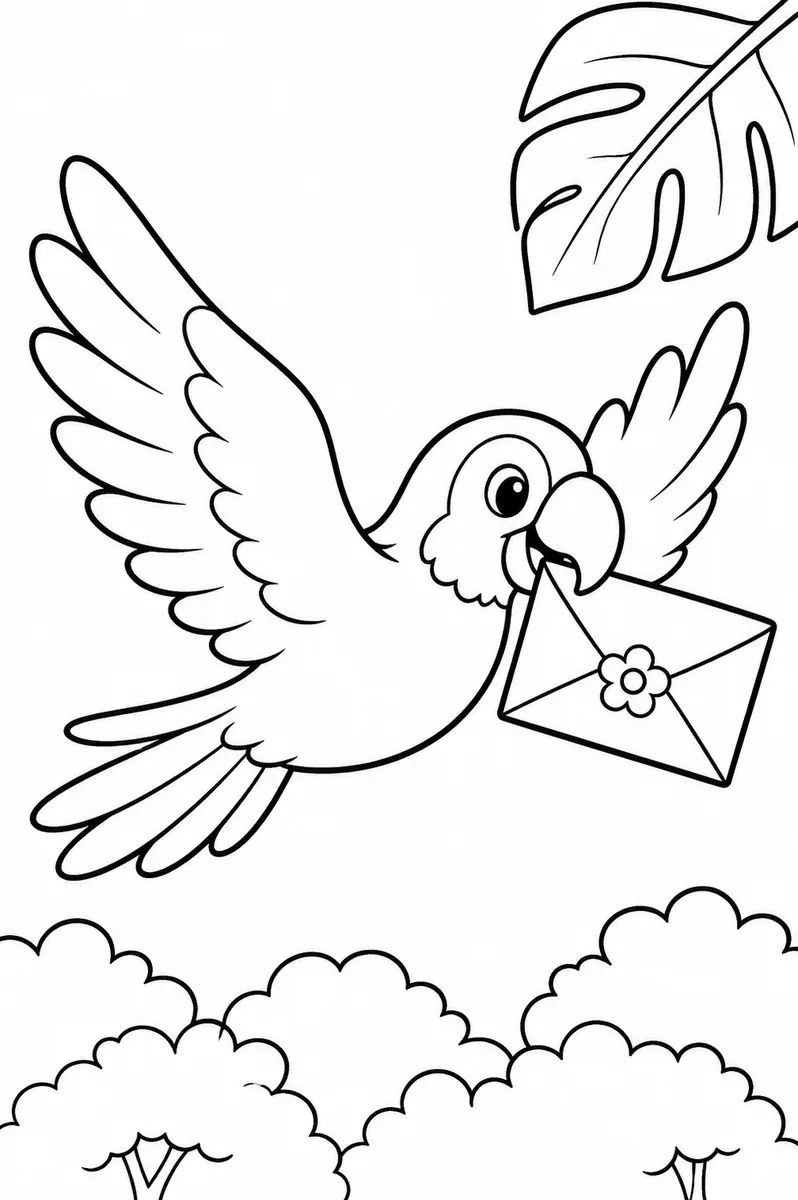 Ausmalbild: Bunter Papagei fliegt mit Brief im Schnabel