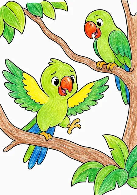 Ausmalbild: Junger Papagei streckt Flügel für ersten Flug vom Ast aus