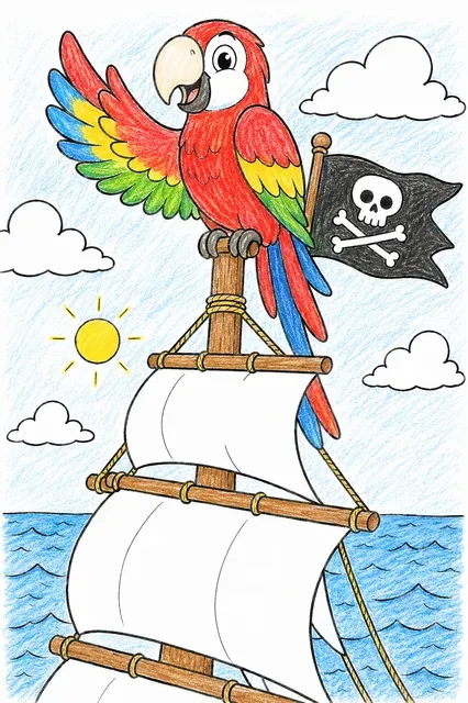 Ausmalbild: Bunter Papagei hockt an der Mastspitze eines Piratenschiffs