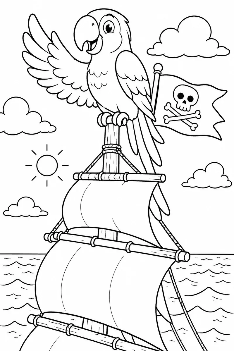 Ausmalbild: Bunter Papagei hockt an der Mastspitze eines Piratenschiffs