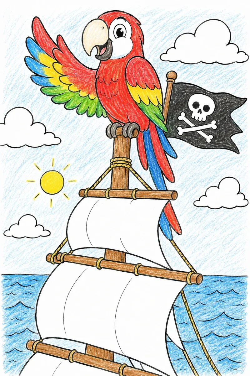 Papagei hockt auf buntem Piratenschiff-Mast