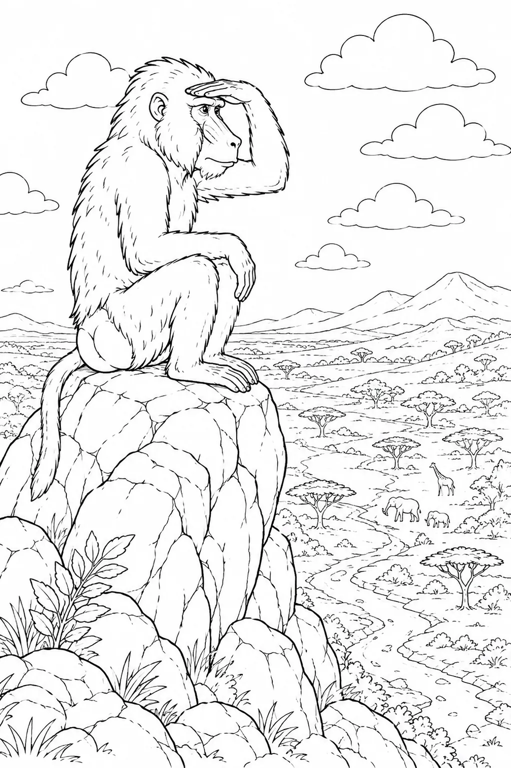 Coloring page: large baboon sitting dignifiedly on kopje rocks looking into valley