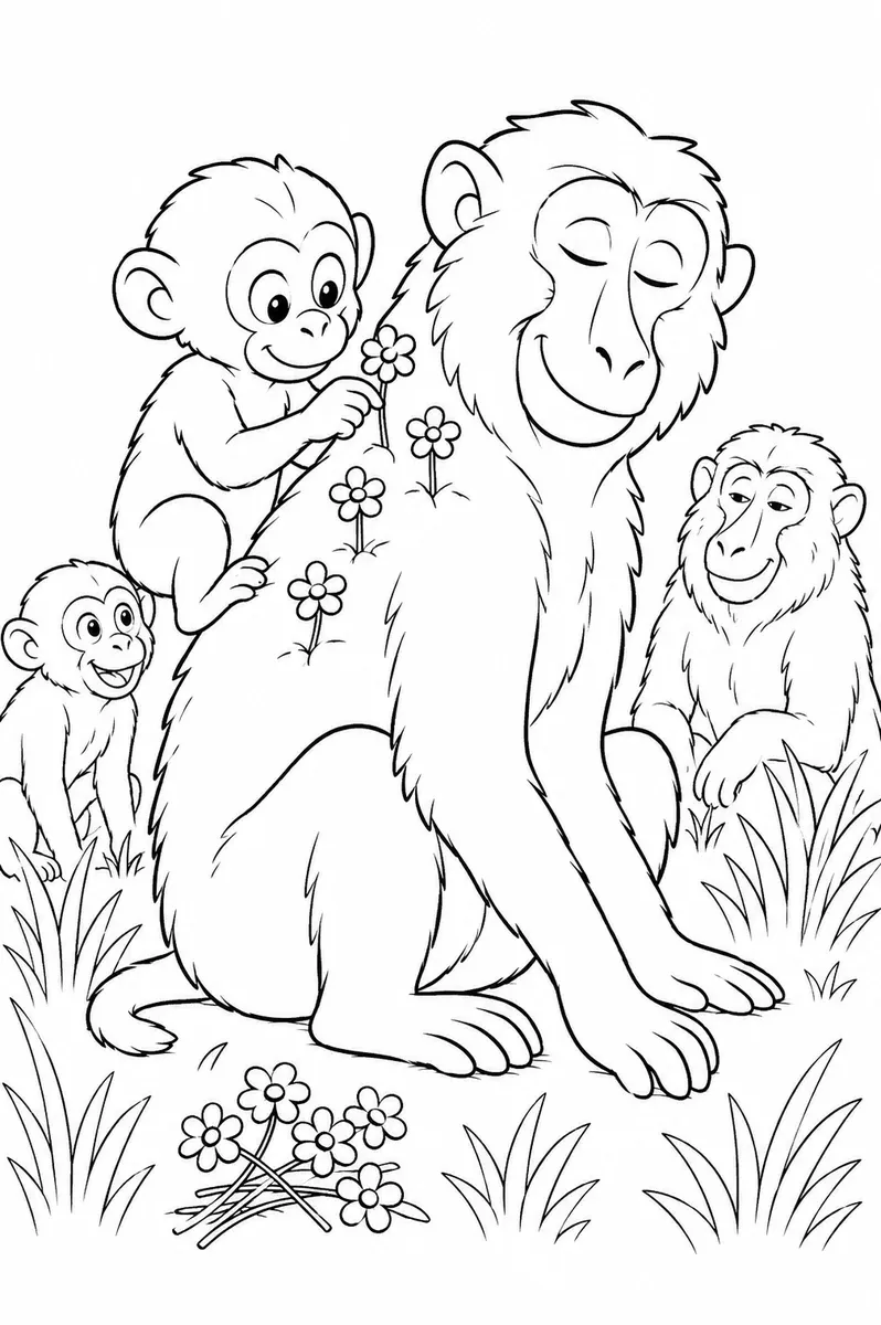Ausmalbild: Kleines Pavian-Baby steckt der Mutter sorgfältig Wildblumen ins Fell