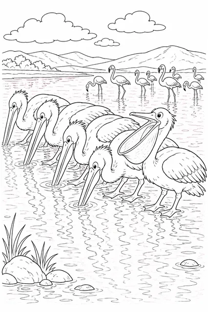 Pelikan-Kolonie fischt im rosafarbenen Salzsee