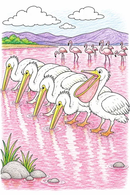 Ausmalbild: Weiße Pelikane fischen in Reihe im rosaroten Salzsee mit Flamingos