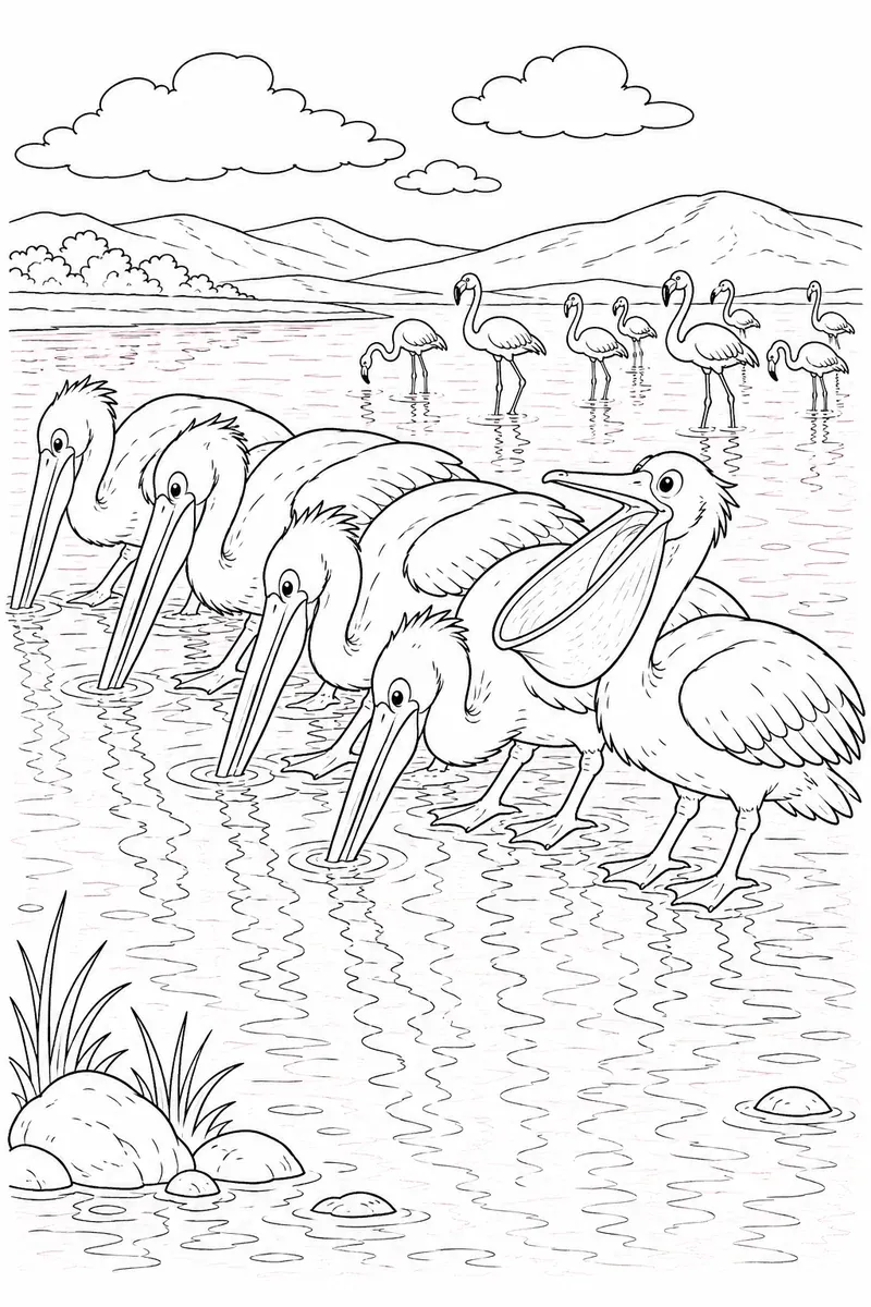 Coloring page: white pelicans fishing in row in pink salt lake with flamingos