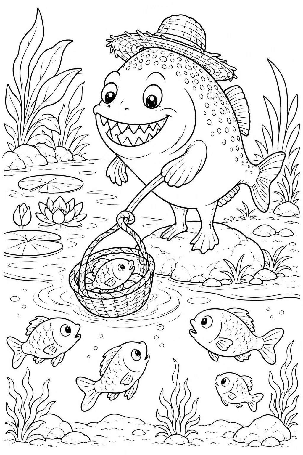Ausmalbild: Piranha mit Strohhut fischt mit kleinem Korb am Ufer