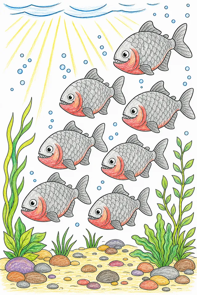 Ausmalbild: Sieben lächelnde Piranhas mit rotem Bauch in Formationsschwarm